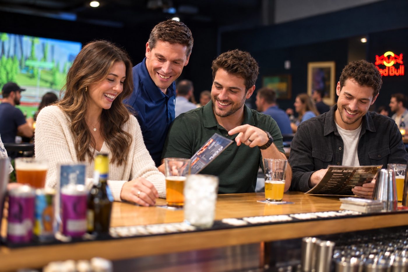 An owner showing the drink menu to two guests seated at the bar