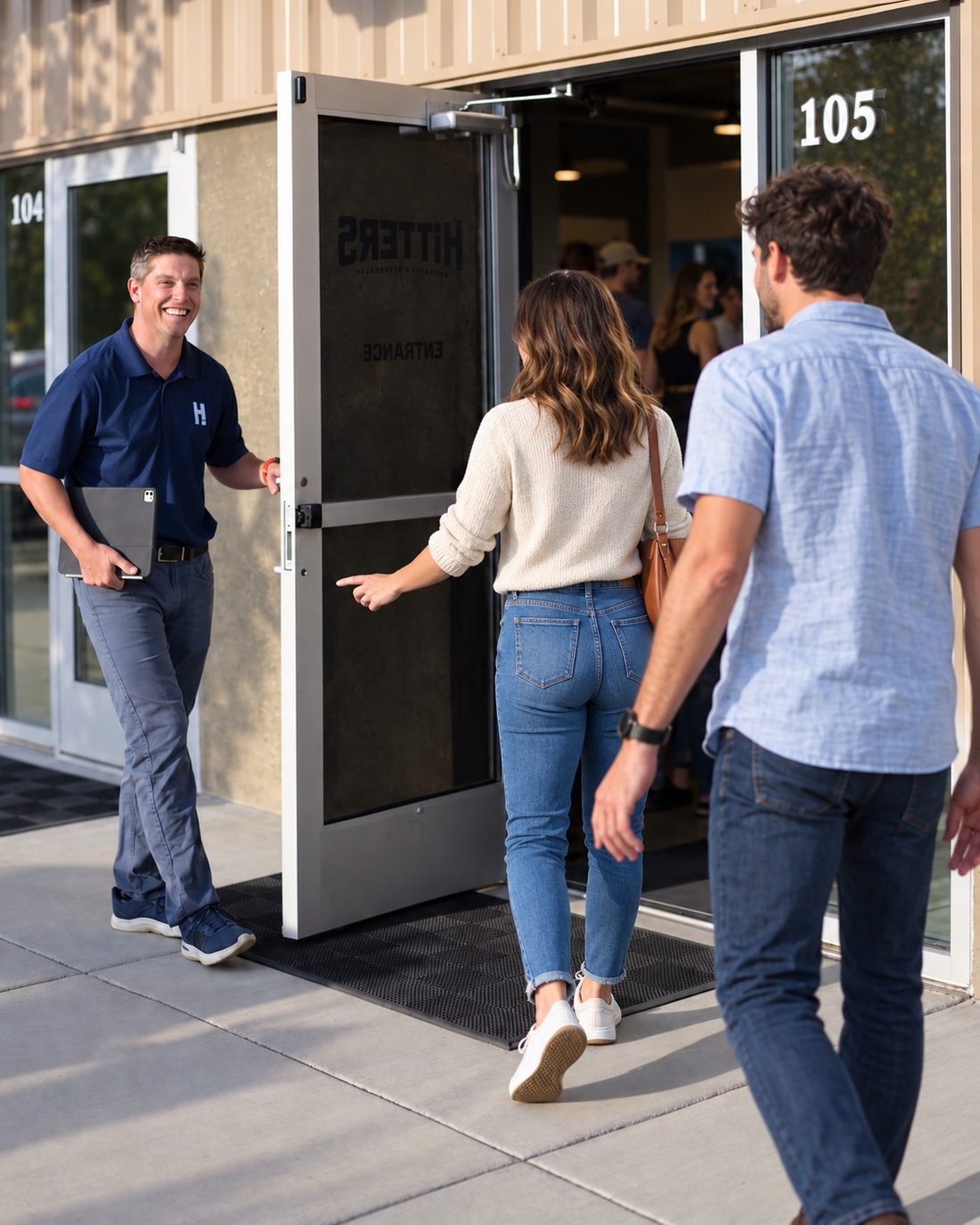 A Hitters owner holding the front door open for arriving guests